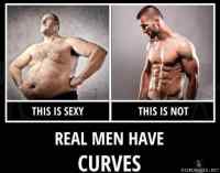 Real MEN have curves - MIEHET! Ei taivuta yhteikunnan asenttamiin ulkonäkövaatimuksiin. Tai jos taivutaan niin ei ainakaan kovin helposti. Tai jos taivutaan helposti niin jonkin korvaus olisin paikallaan. Mutta jos ei korvausta saa niin ei sitten.