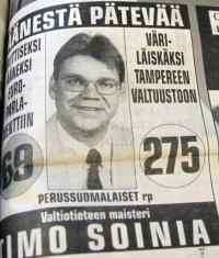 Väriläiskäksi Tampereen valtuustoon - Timo Soinin vaalimainos Tamperelainen-lehdessä vuodelta 1996.