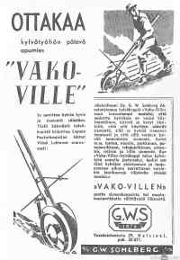 Vako-Villen kylvökeppi. - Vanha suomalainen lehtimainos Vako-Villestä.