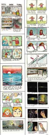 Deep dark fears 2 | Fran Krause piirtää ihmisten peloista sarjakuvia - Illustrator Fran Krause asked people to tell him their weirdest and most irrational fears to turn them into witty comics. Sometimes these irrational fears can be traced from the early childhood memories or come as a result of some vivid world explanations grown-ups used to tell you.
http://www.boredpanda.com/deep-dark-fears-comic-strips-fran-krause/