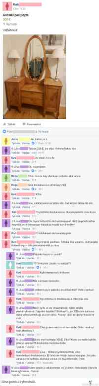 Peilipöydän myyntiä feissarikirppiksellä - Vaikka hinta on esillä selkeästi niin silti se kaupankäynti voi olla hankalaa