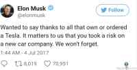 Elon Musk kiittää Twitterissä - Kiitos kun ostitte Teslan