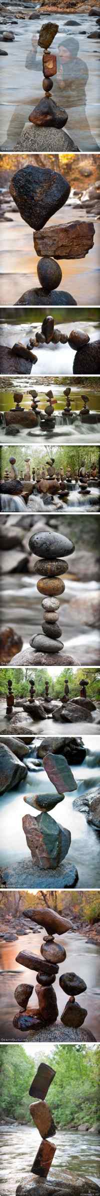 Rock balancing by Michael Grab - Sivulta gravityglue.com: ?The most fundamental element of balancing in a physical sense is finding some kind of ?tripod? for the rock to stand on. Every rock is covered in a variety of tiny to large indentations that can act as a tripod for the rock to stand upright, or in most orientations you can think of with other rocks. By paying close attention to the feeling of the rocks, you will start to feel even the smallest clicks as the notches of the rocks in contact are moving over one another. Parallel to the physical element of finding tripods, the most fundamental non-physical element is harder to explain through words. In a nutshell, I am referring to meditation, or finding a zero point or silence within yourself. Some balances can apply significant pressure on your mind and your patience. The challenge is overcoming any doubt that may arise.?